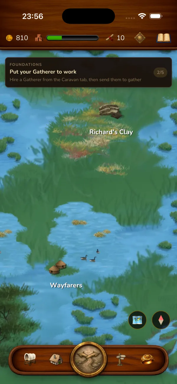 Merchant's world map laid over real locations, showing the player settlement Richard's Clay.