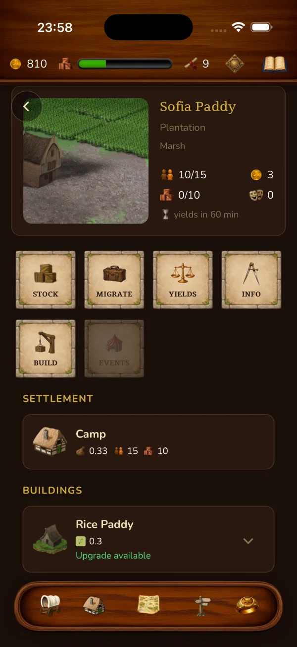 A settlement's management screen — buildings, population, and resource yields.