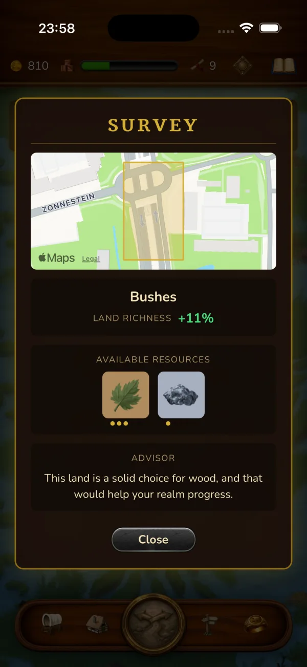 Surveying real-world land before founding a settlement — available resources and land richness.